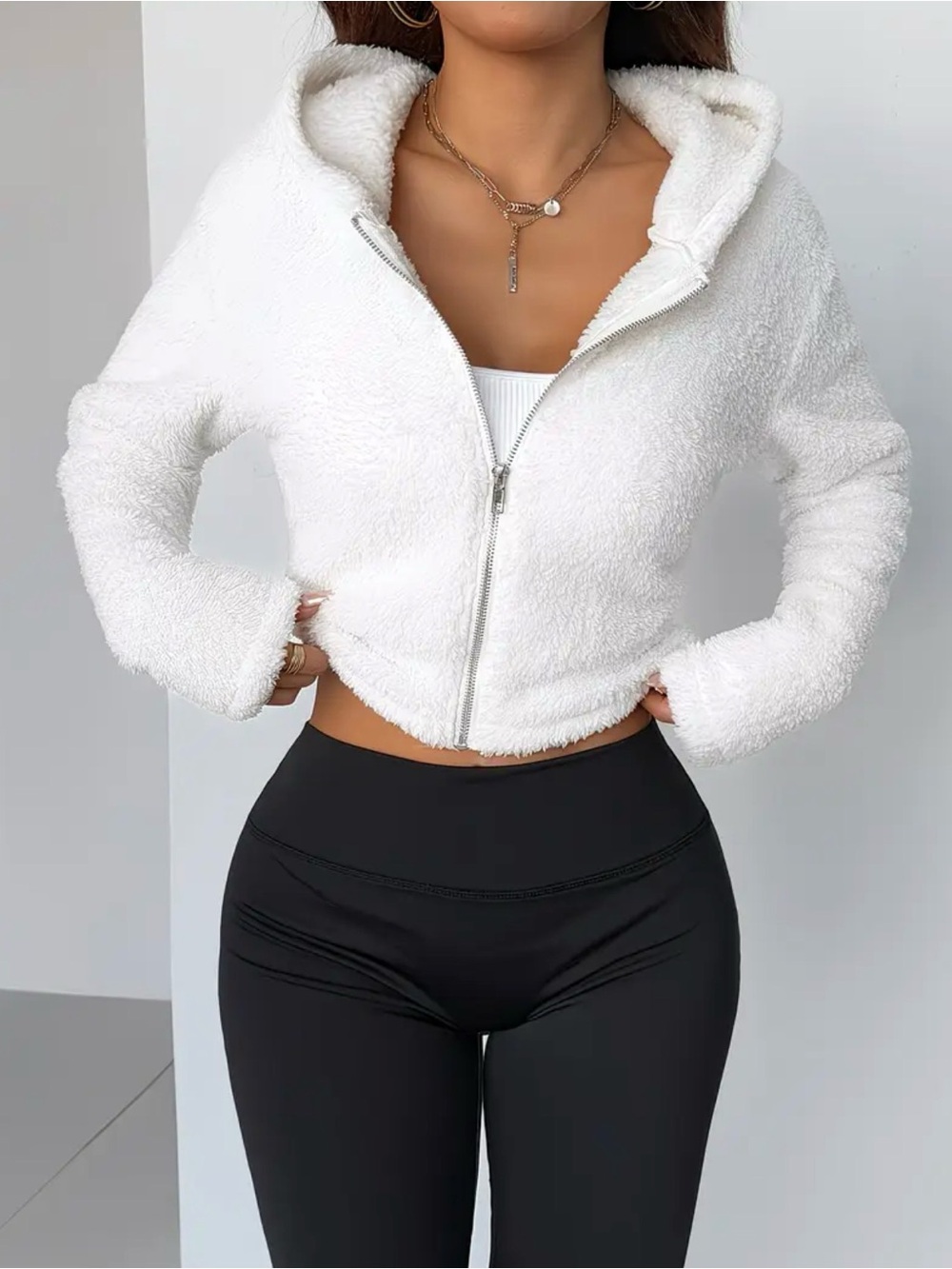 Cozy White Sherpa Zip-Up Hoodie Jacket